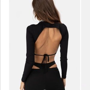 Black long sleeve crop top with open back